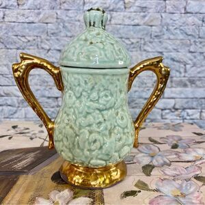 Vintage Glazed Ceramic Sugar Bowl Mint Green Flower Embossed Gold Trim